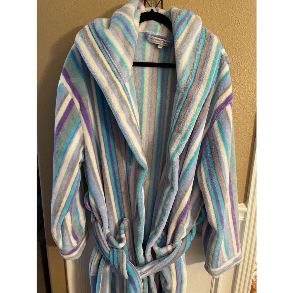 Alexander Del Rossa Plush Luxury Blue White Sky Blue Women’s Hooded Robe XL